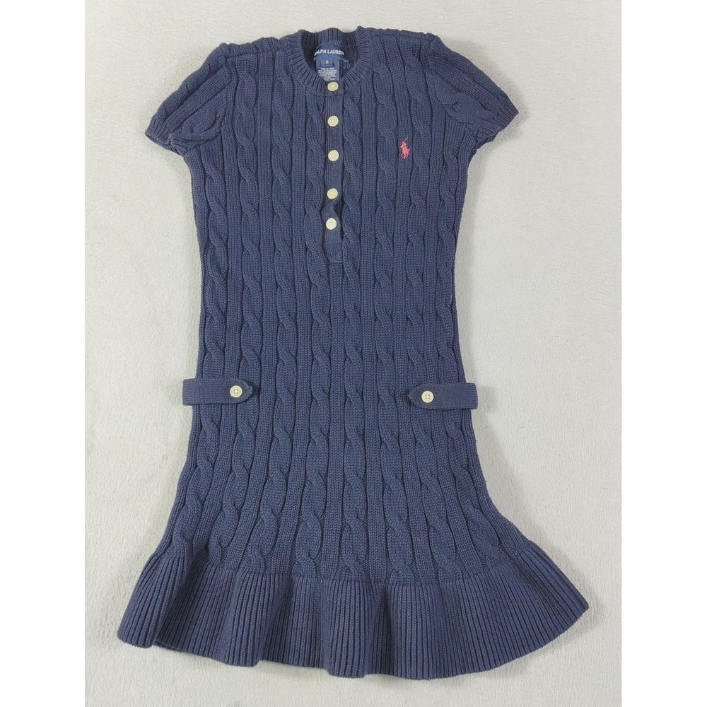 Ralph Lauren Sweater Dress Girls Small Blue Cable Knit Drop Waist Pony Logo